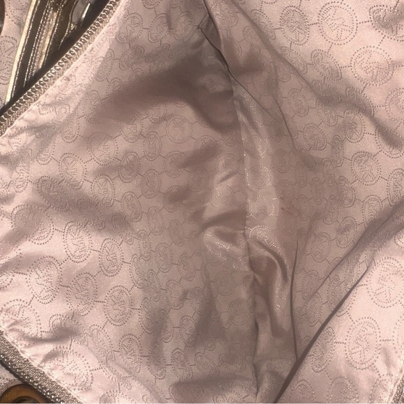 EUC Michael Kors Tan Brown Monogram Canvas Tote Handbag Gold Metallic Leather - Picture 12 of 12